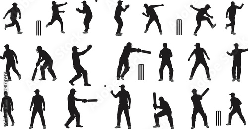 Cricket player silhouettes in dynamic action, ideal for sports design, vector art, stock image, athletic movement, and cricket illustration