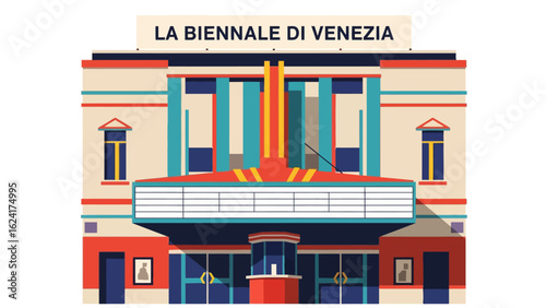 Colorful vector illustration of the La Biennale di Venezia cinema building facade.