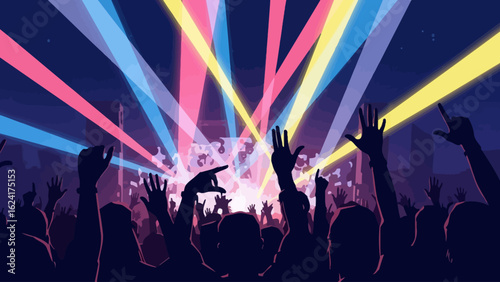 Energetic Crowd at Music Concert with Colorful Stage Lights.