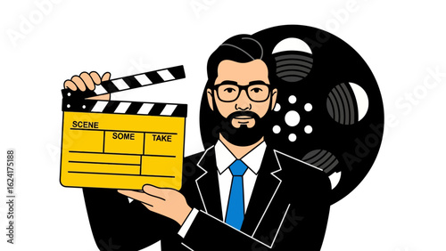 Film Director Holding Clapperboard and Film Reel.