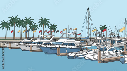 Luxury Motor Yachts Docked at a Marina.