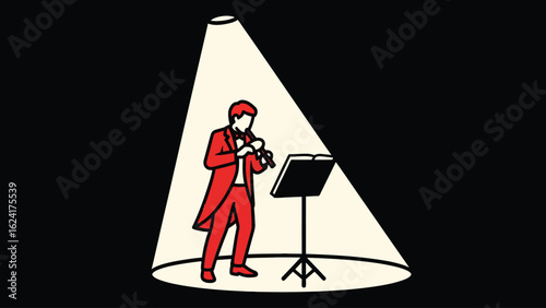 Soloist in Spotlight Playing Flute in Formal Attire.