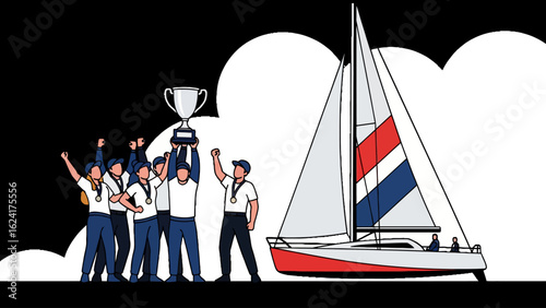 Team celebrating victory with trophy and sailboat.
