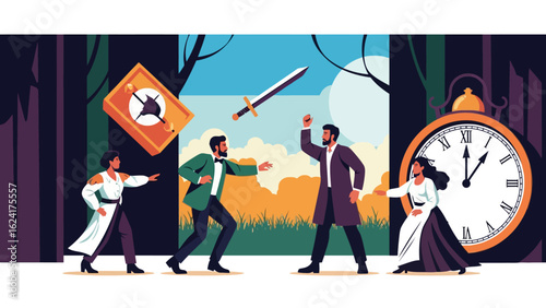 Stylized Illustration of Two Men Confronting Each Other Women and Symbolic Objects.