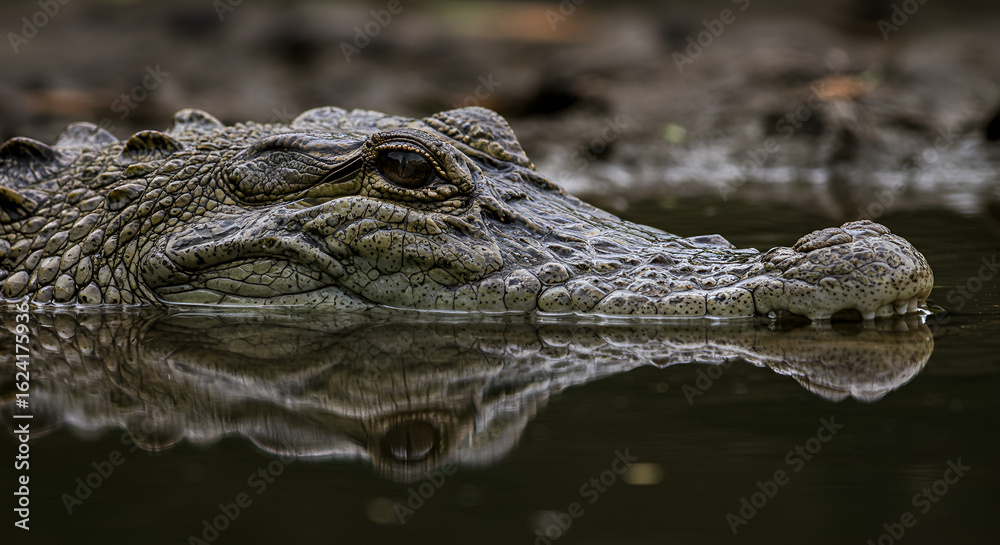 Fototapeta premium Close-up of crocodile's head and reflection
