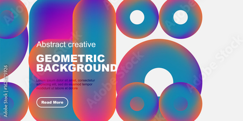 Vibrant geometric shapes overlap. Pink, blue hues create abstract background. Text promotes creative design, reads more information.