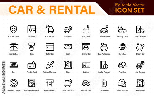 Car and rental icons in modern thin line style. Covers vehicle hire, transport services, road trips, navigation, fuel, maintenance, and car-related logistics.