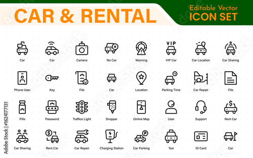 Car and rental icons in modern thin line style. Covers vehicle hire, transport services, road trips, navigation, fuel, maintenance, and car-related logistics.