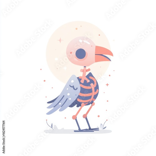 Cute bird skeleton in the moon light: An adorable bird skeleton illustration with the moon in the backdrop. The bird bones, and wings. This whimsical design perfect for anyone who love the art.