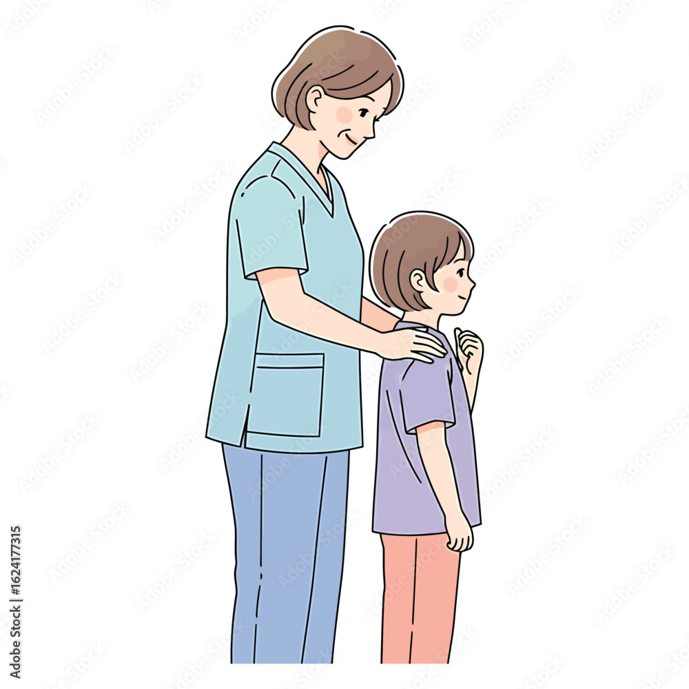 A kind female physiotherapist examining a young girl's posture illustration. A kind female physiotherapist examining a young girl's posture illustration.