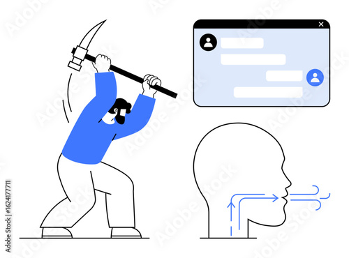 Person holding pickaxe breaking obstacles alongside a messaging bubble and a human head with dialogue marks. Ideal for productivity, collaboration, teamwork, communication, efficiency