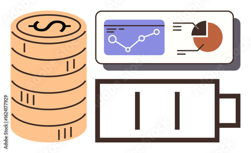 Coin stack, analytics chart with growth line and pie data, and battery icon suggest financial energy, progress tracking, optimization, and planning. Ideal for finance, economy, energy strategy