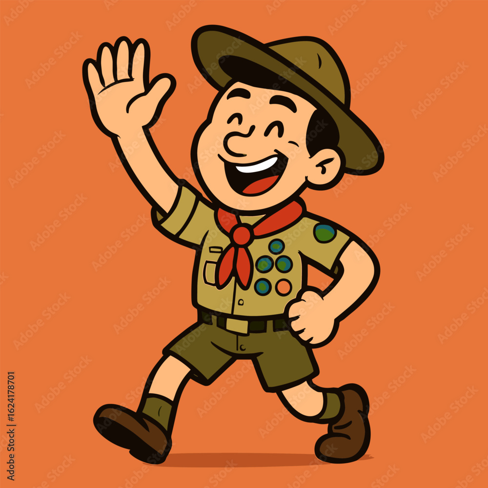 Obraz premium A cheerful cartoon male scout in uniform gives a high-five, showing energy and enthusiasm against a solid orange background.