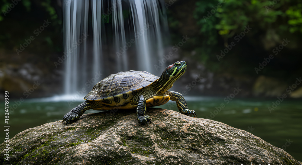 Obraz premium Turtle by a waterfall
