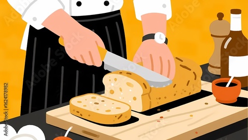 Chef slicing bread, showcasing baking preparation scene.