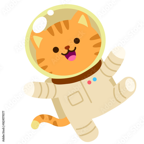2d Cartoon cat dressed as an astronaut floating in space, representing exploration, adventure, and space travel in a playful way.