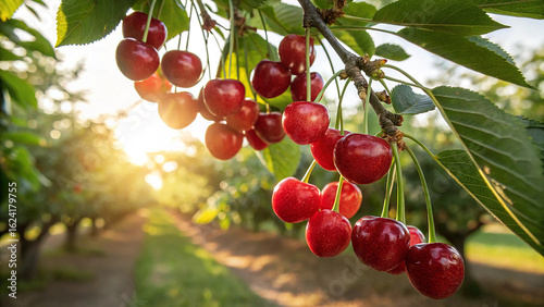 Fotografía Cherry hanging on tree branch in natural warm view