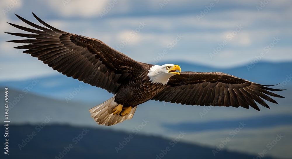 Naklejka premium A majestic bald eagle soars with wings spread wide, flying gracefully against a backdrop of blue mountains and a cloudy sky.