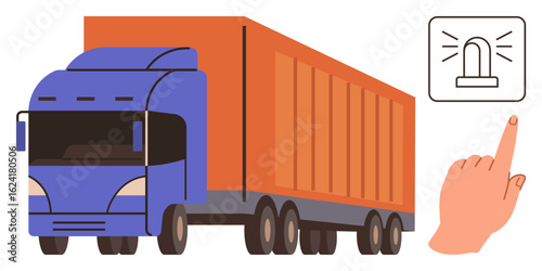 Cargo truck with six wheels beside a hand interacting with an alert icon. Ideal for logistics, transportation safety, emergency response, trucking industry, cargo management, freight service, alert