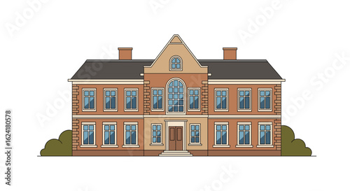 Detailed illustration of a grand two-story brick residence featuring symmetrical windows and an elaborate gable