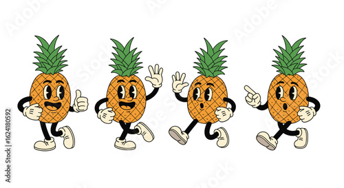 Four groovy animated pineapples dancing with thumbs up and waving to the audience
