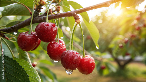 Ripe Cherry hanging on tree with water drop in garden, Cherry tree in natural warm sunlight view