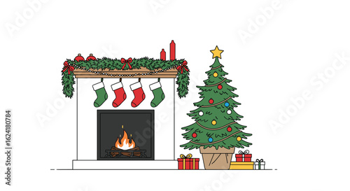 A cozy christmas scene featuring a decorated fireplace with stockings and a festive tree display