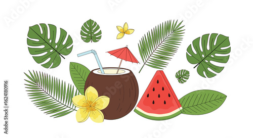 Tropical delight a refreshing coconut drink with exotic fruits and lush green leaves in summer