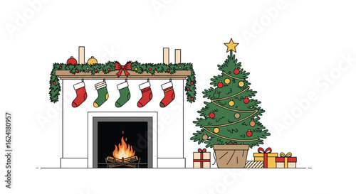 Cozy christmas fireplace scene with decorated tree and presents ready for holiday celebration