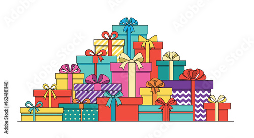 A colorful stack of various gift boxes tied with ribbons and bows for special occasions and celebrations