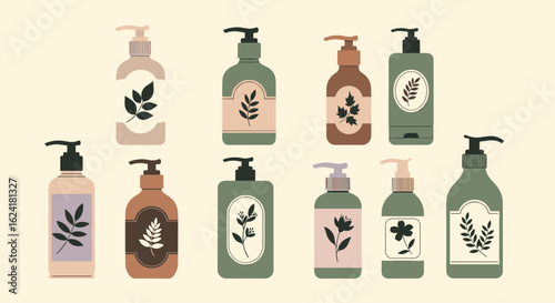 Assortment of botanical infused skincare bottles featuring natural ingredients and elegant dispensing pumps for luxurious personal care routines