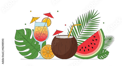 Tropical summer beach vacation refreshing drinks juicy fruit and green palm leaves party celebration