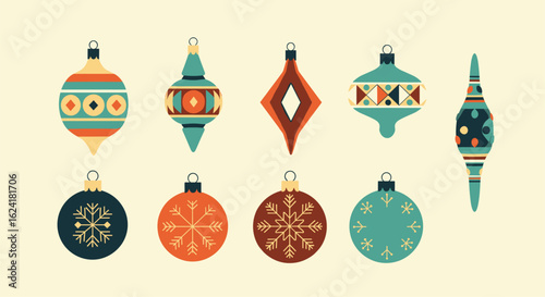 Collection of colorful retro style geometric christmas ornaments arranged in two rows against a light beige background
