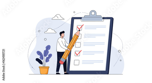 Man with a giant pencil completing a checklist on a clipboard with detailed task management and productivity concepts illustrated