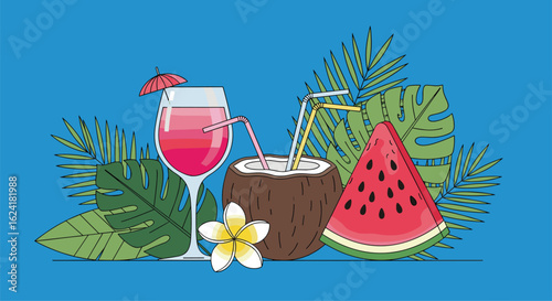 Refreshing summer tropical drinks watermelon coconut cocktail paradise vacation oasis refreshment