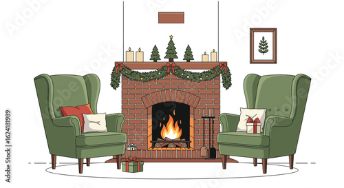 Cozy christmas scene with two armchairs and a fireplace decorated for the holidays