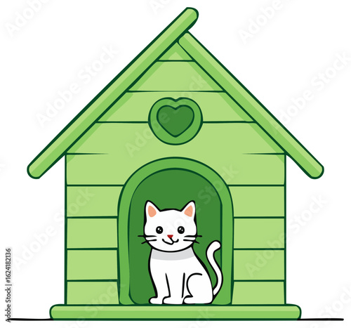 Cute white cat sitting inside a green pet house with a heart decoration illustration