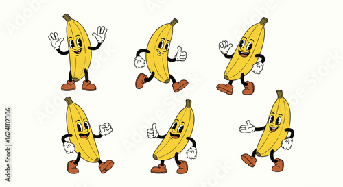 Retro cartoon bananas dancing joyfully in a playful arrangement