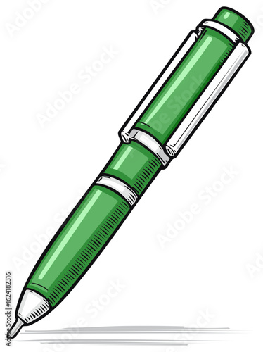 Illustration of a Green Ballpoint Pen with Silver Trim for Writing and Drawing
