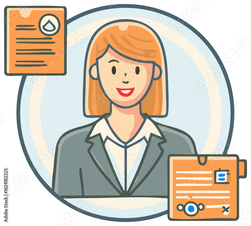 Businesswoman and Resume Documents Icon with Circle Background Illustration