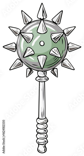 Medieval spiked flail weapon illustration with green spiked ball and ribbed handle