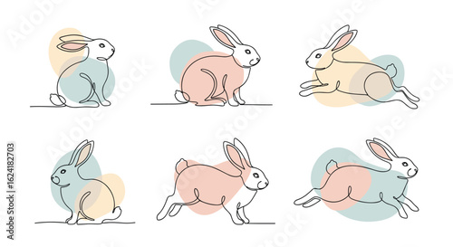 Playful abstract rabbits in pastel hues with whimsical dots and lines illustration