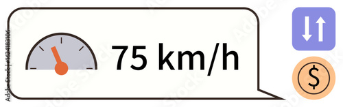 Speedometer showing 75 kmh next to currency and direction icons. Ideal for transportation, speed control, driving awareness, navigation, economics, logistics, digital dashboards. Minimal flat