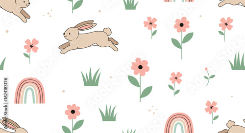 Charming springtime meadow with hopping bunnies and delicate flowers in soft pastel tones