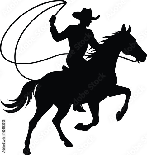 Cowboy with lasso riding a horse silhouette isolated on transparent background