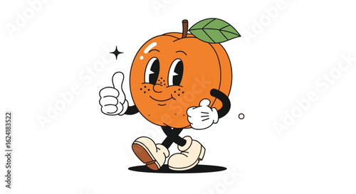Retro cartoon peach character giving a thumbs up and walking with a smile