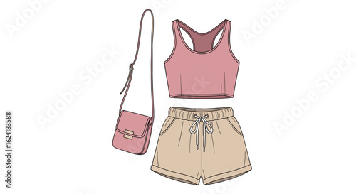 Stylish summer outfit featuring a pink tank top beige drawstring shorts and a matching crossbody bag for a casual day out