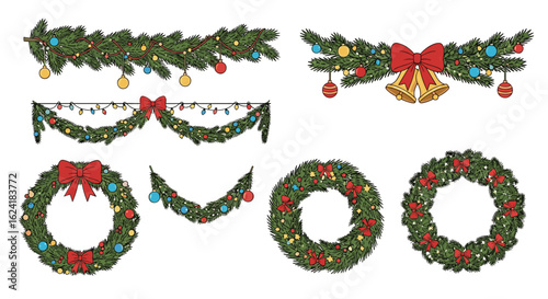 Festive holiday decorations featuring garlands wreaths and ornaments for seasonal celebrations