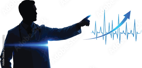 Man pointing at blue heartbeat graph isolated on white background