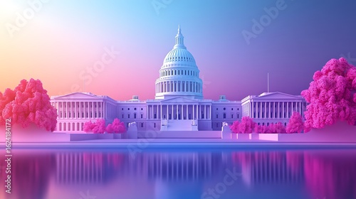 United states capitol building at sunset with pink trees and water reflection